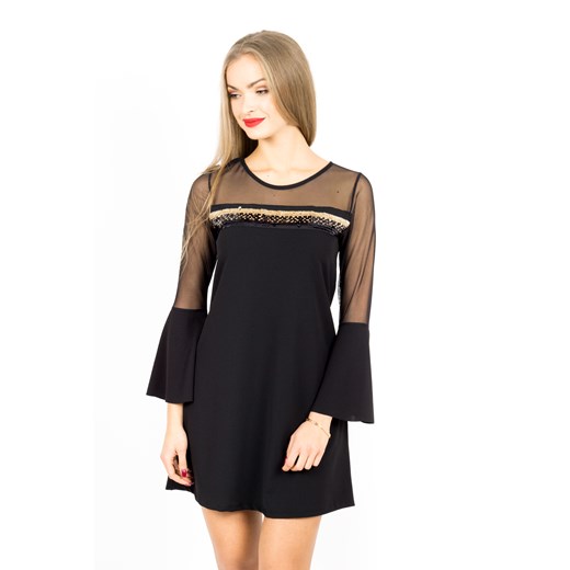 Sukienka Produkt Importowany czarna mini z elastanu z okrągłym dekoltem z aplikacjami  z długim rękawem 