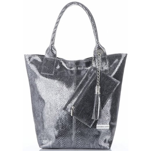 Shopper bag Vittoria Gotti z frędzlami srebrna ze skóry 