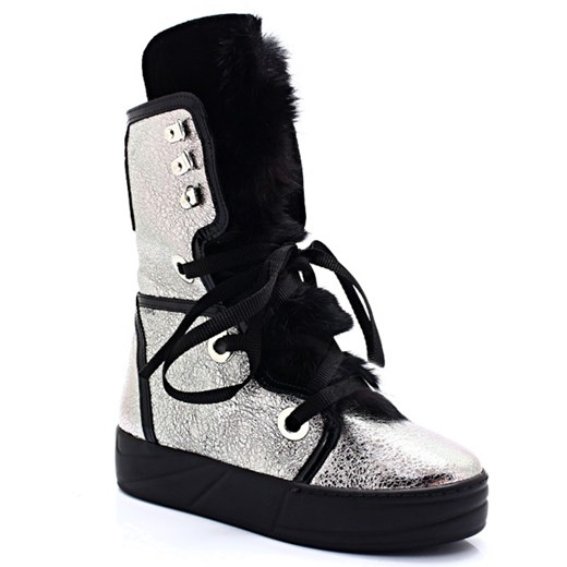 Śniegowce damskie Ulmani Shoes skórzane srebrne sznurowane 