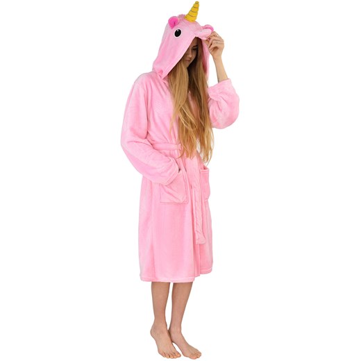 Ciepły pluszowy szlafrok z kapturem kigurumi onesie - różowy jednorożec S world-style.pl
