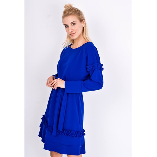 Niebieska sukienka Zoio z długim rękawem bez wzorów trapezowa 