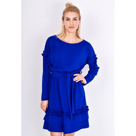 Niebieska sukienka Zoio z długim rękawem bez wzorów trapezowa 