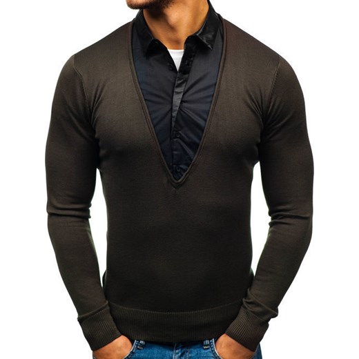 Sweter męski 2w1 z koszulą khaki Denley 88132  Denley M promocja  