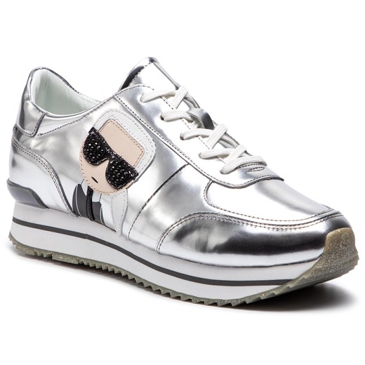 Sneakersy damskie Karl Lagerfeld ze skóry ekologicznej srebrne bez wzorów na koturnie wiązane na wiosnę 