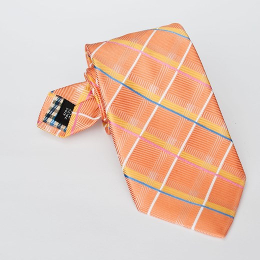 Elegancki krawat jedwabny Hemley jasnopomarańczowy w różowo niebiesko żółtą kratkę