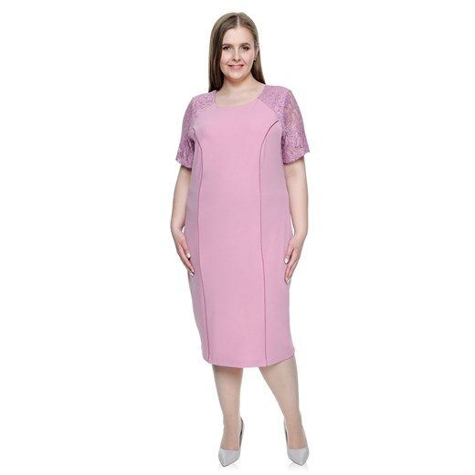 Sukienka z elastanu różowa na spotkanie biznesowe z krótkim rękawem koronkowa wyszczuplająca 