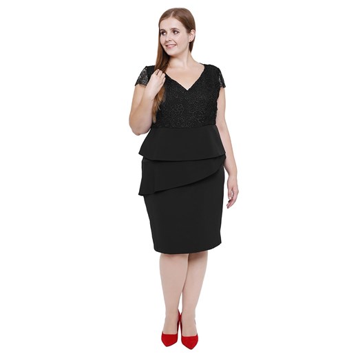 Sukienka midi koronkowa z krótkim rękawem z poliestru czarna z baskinką 