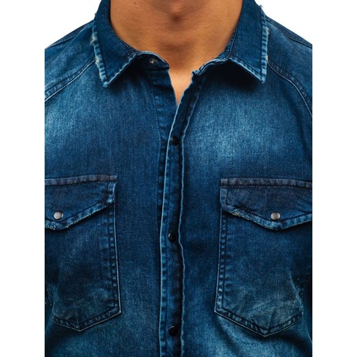 Koszula męska jeansowa z długim rękawem granatowa Denley 2063 Denley  XL okazyjna cena  
