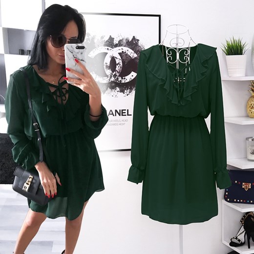 Sukienka zielona z długimi rękawami casual mini 