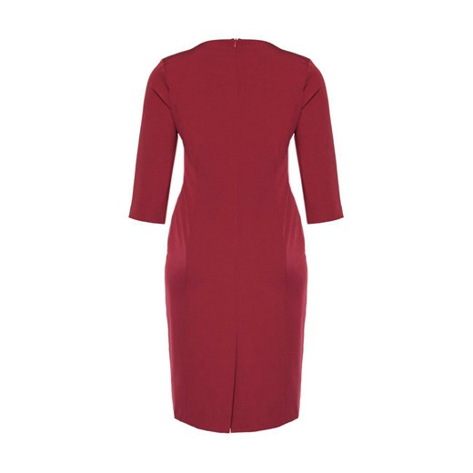 Sukienka midi czerwona z długim rękawem wyszczuplająca na spotkanie biznesowe bez wzorów 