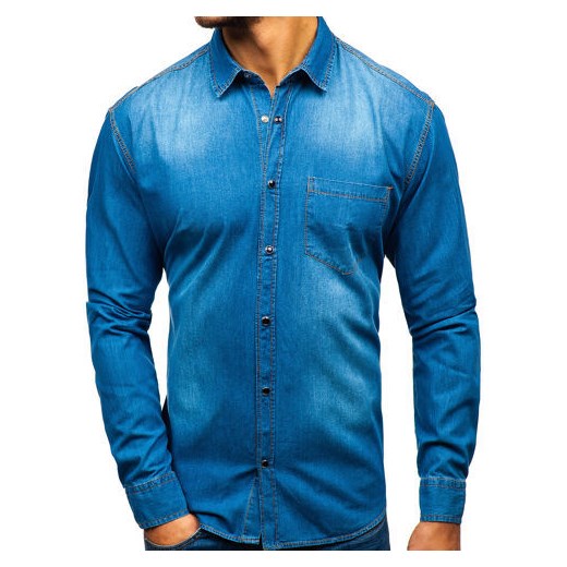 Koszula męska jeansowa z długim rękawem niebieska Denley 1316 Denley  XL okazyjna cena  