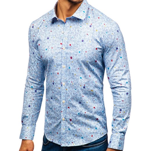 Koszula męska we wzory z długim rękawem błękitna 300G7 Denley  S  promocyjna cena 
