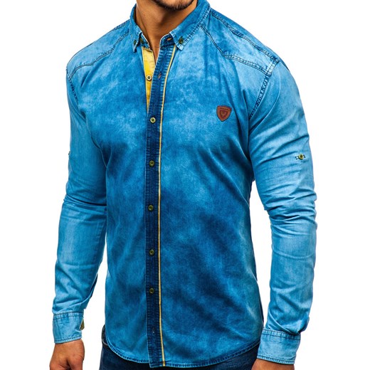 Koszula męska jeansowa z długim rękawem niebieska Denley RL15  Denley 2XL promocja  
