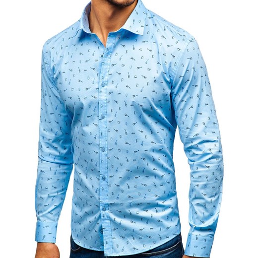 Koszula męska we wzory z długim rękawem błękitna 201G24  Denley S okazyjna cena  