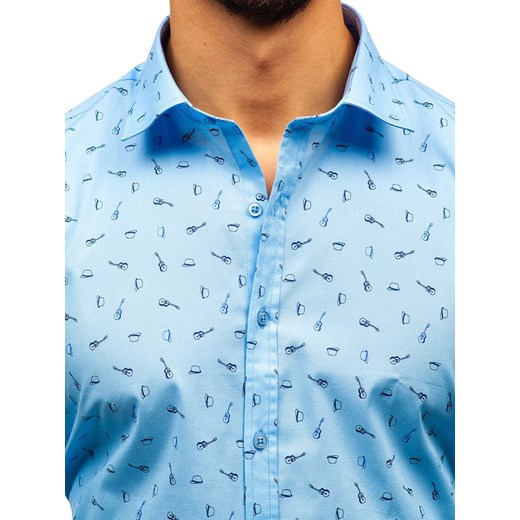 Koszula męska we wzory z długim rękawem błękitna 201G24  Denley L okazja  