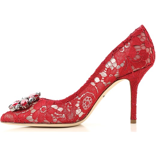 Czółenka czerwone Dolce & Gabbana na obcasie koronkowe w noskiem w szpic 