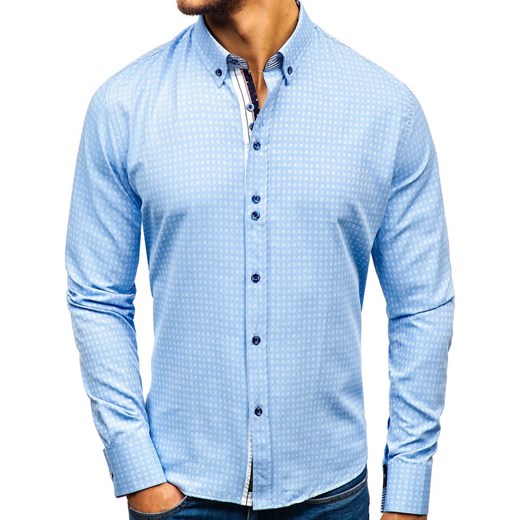 Koszula męska we wzory z długim rękawem błękitna Bolf 8841 Denley  2XL wyprzedaż  