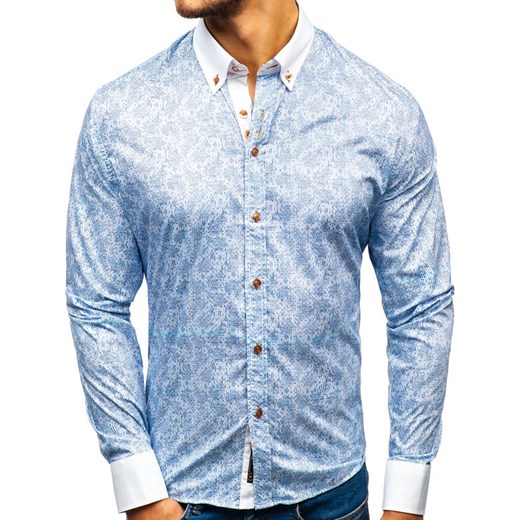 Koszula męska we wzory z długim rękawem błękitna Bolf 8842  Denley M wyprzedaż  