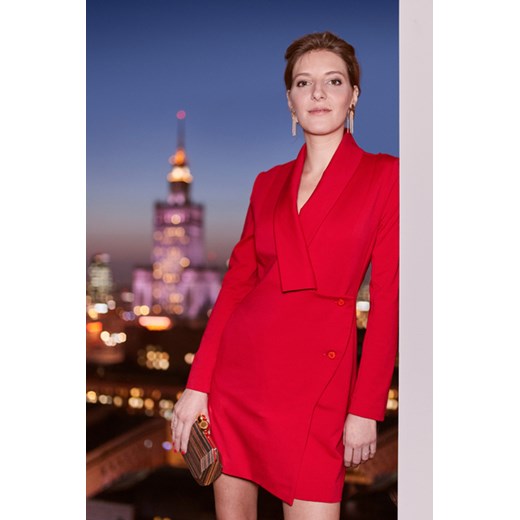 Sukienka Risk Made In Warsaw czerwona z dekoltem v z długimi rękawami mini 