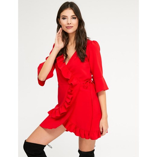 Sukienka czerwona Diverse kopertowa mini z długim rękawem z tkaniny 