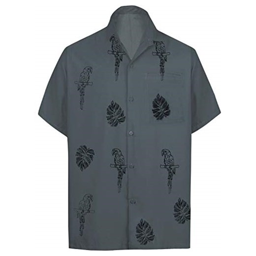La Leela papuga przypadkowy Hawaii-koszula dla mężczyzn krótki rękaw przedni-torba Szary L