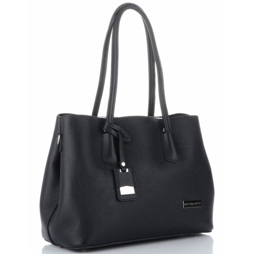 Shopper bag Vittoria Gotti niebieska elegancka duża ze skóry z breloczkiem 