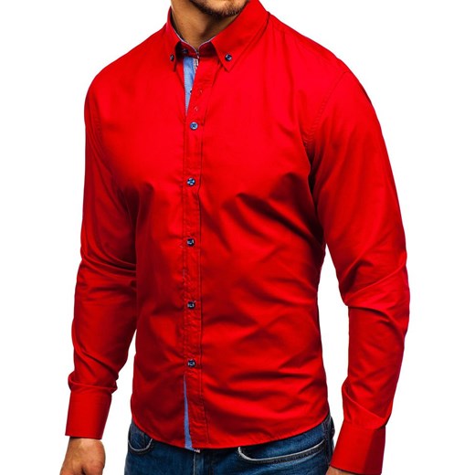 Koszula męska Denley elegancka czerwona bez wzorów z długimi rękawami 