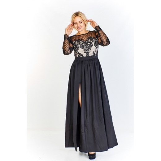 Wieczorowa sukienka maxi z wyszywaną górą i rękawami ze wzorem imitującym siatkę, swobodny dół  Quarelle XXL ptakmoda.com