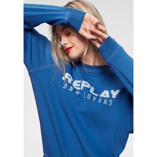 Bluza damska Replay niebieska z napisami krótka dresowa 