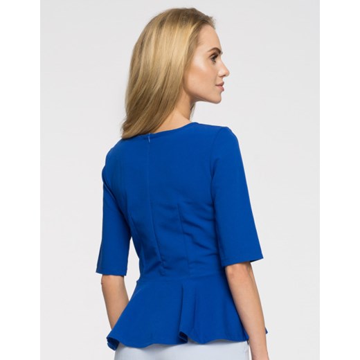 Bluzka damska Style niebieska elegancka z okrągłym dekoltem bez wzorów 