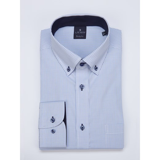 Koszula biała-niebieska kratka- kołnierzyk button down - body fit (wzrost 176-182) Lanieri  L wyprzedaż Lanieri.pl 