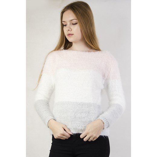 Włochaty sweter w różowo-biało- szare pasy  Olika uniwersalny olika.com.pl