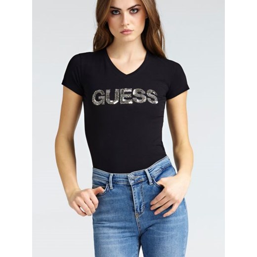 Bluzka damska Guess czarna z dekoltem v z krótkim rękawem z napisem 