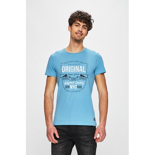 Niebieski t-shirt męski Blend z krótkim rękawem z napisami 