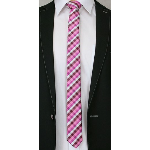Różowy Stylowy Krawat (Śledź) w Kratkę -ALTIES- 5 cm, Wąski, Męski KRALTStani0229 Alties   JegoSzafa.pl