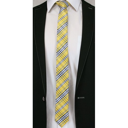 Żółty Stylowy Krawat (Śledź) Męski -ALTIES- 5 cm, Wąski, w Szkocką Kratkę KRALTStani0230  Alties  JegoSzafa.pl