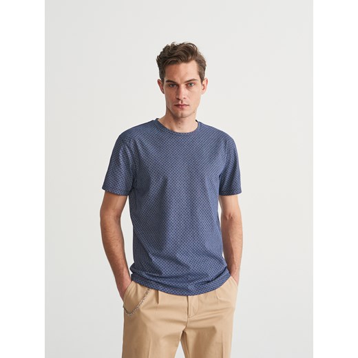 T-shirt męski Reserved bez wzorów niebieski z krótkimi rękawami 