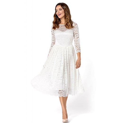 Sukienka biała z koronką rozkloszowana z okrągłym dekoltem midi 