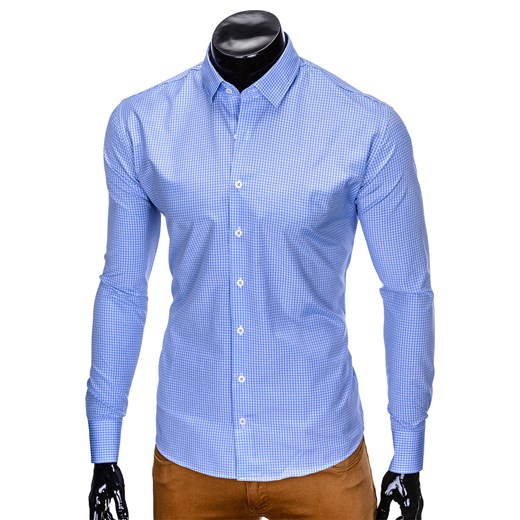 Koszula męska w kratę z długim rękawem K426 - błękitna/biała