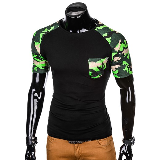 T-shirt męski z nadrukiem moro S1013 - czarny/zielony