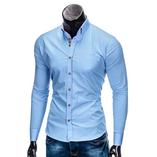 Koszula męska z kontrastowymi guzikami SLIM K302 - błękitna