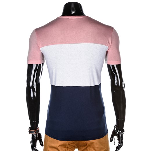 T-shirt męski bez nadruku S1005 - pudrowy róż/granatowy