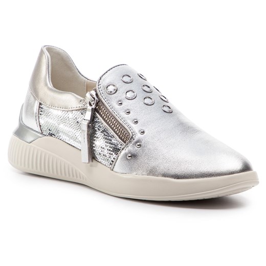 Sneakersy damskie srebrne Geox na koturnie z tworzywa sztucznego z zamkiem młodzieżowe 