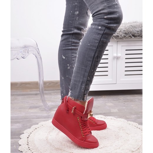 Sneakersy damskie czerwone sznurowane skórzane gładkie 