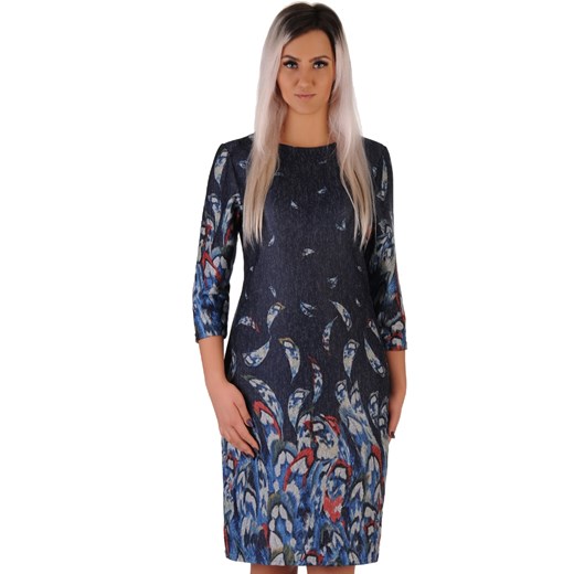 Sukienka Lamar biznesowa mini w abstrakcyjne wzory z długimi rękawami z wiskozy z okrągłym dekoltem 