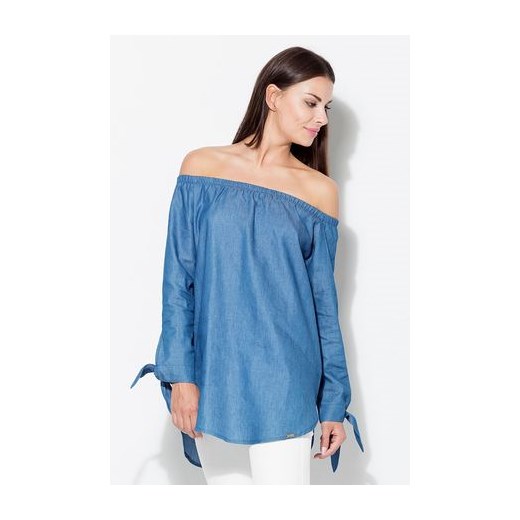 Niebieska bluzka damska Katrus z dekoltem typu hiszpanka z długim rękawem 