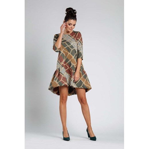 Sukienka Nommo z długimi rękawami w abstrakcyjne wzory z okrągłym dekoltem klasyczna mini 