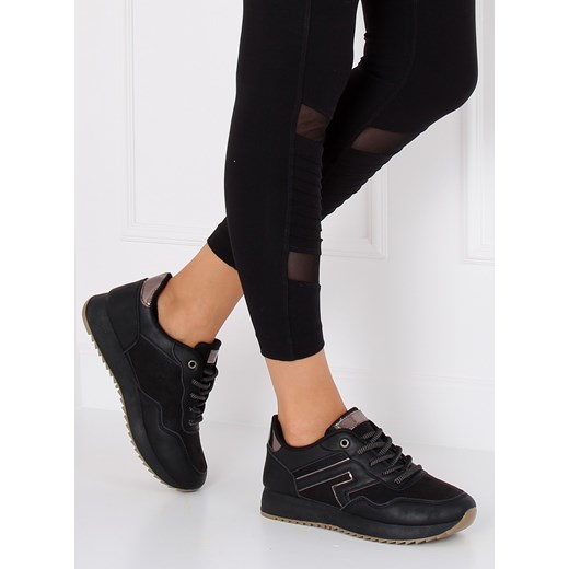 Buty sportowe damskie czarne sneakersy płaskie ze skóry ekologicznej wiązane bez wzorów 