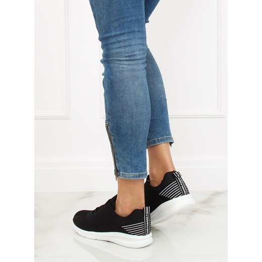 Buty sportowe damskie sneakersy czarne tkaninowe sznurowane bez wzorów 