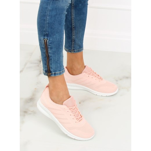 Buty sportowe damskie sneakersy różowe bez wzorów wiązane z tkaniny 